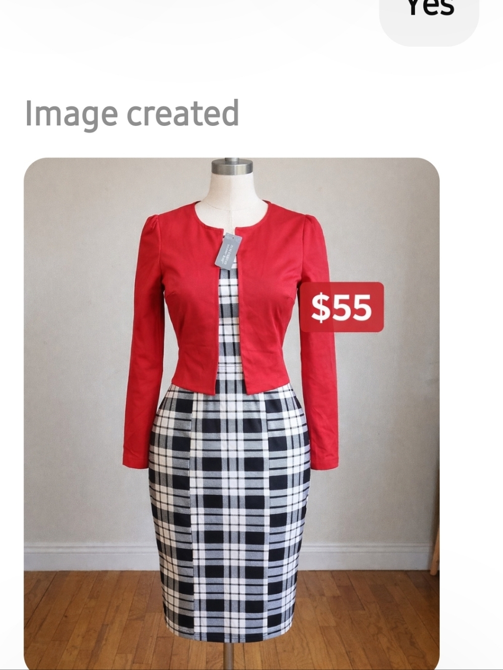 Red Cropped Jacket Over Black & White Plaid Sheath Dress